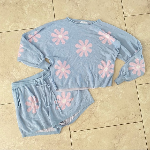 Ekouaer Tops - EKOUAER light blue long sleeve & short floral set